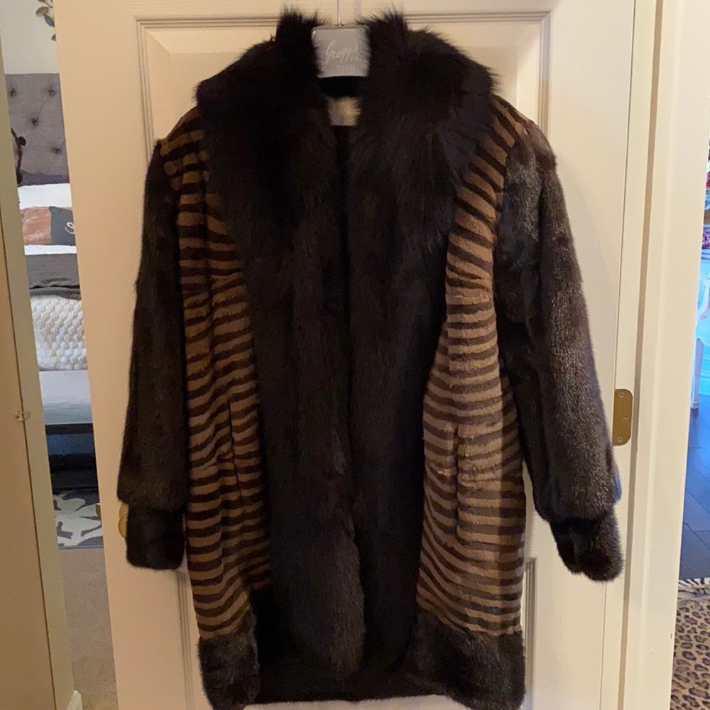 Beautiful two-toned sheared mink with fox trim coat.
